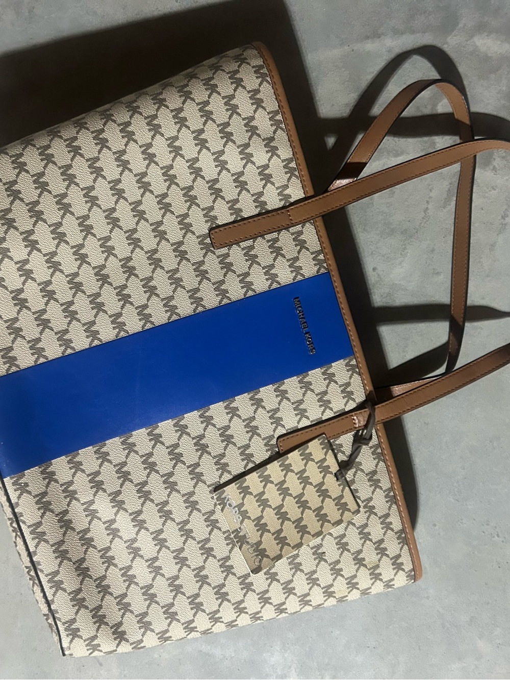 Michael Kors Cream Monogram Tote with Blue Stripe and Brown Trim